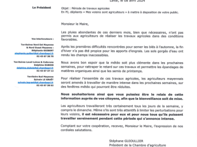 lettre de la chambre d'agriculture